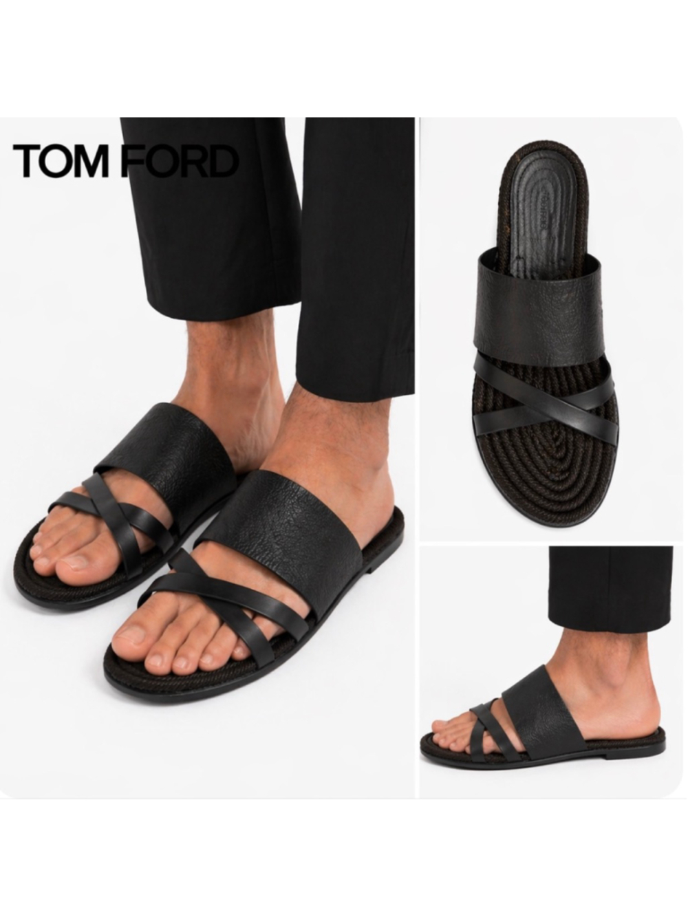 Men's TOM FORD Black Leather Rope Sole Sandals Size 8:8.5